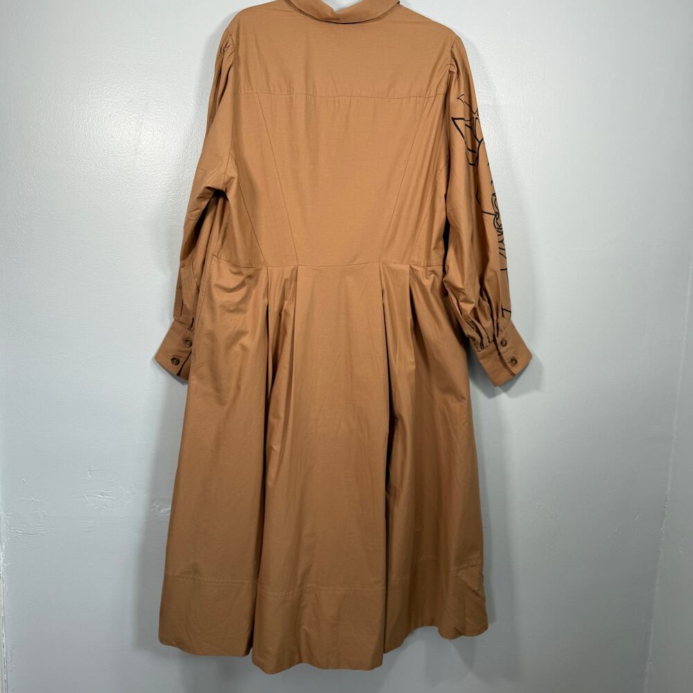 Anthropologie Printed Poplin Shirtdress 18 Tan Floral Line Art Midi Dress - Picture 4 of 9